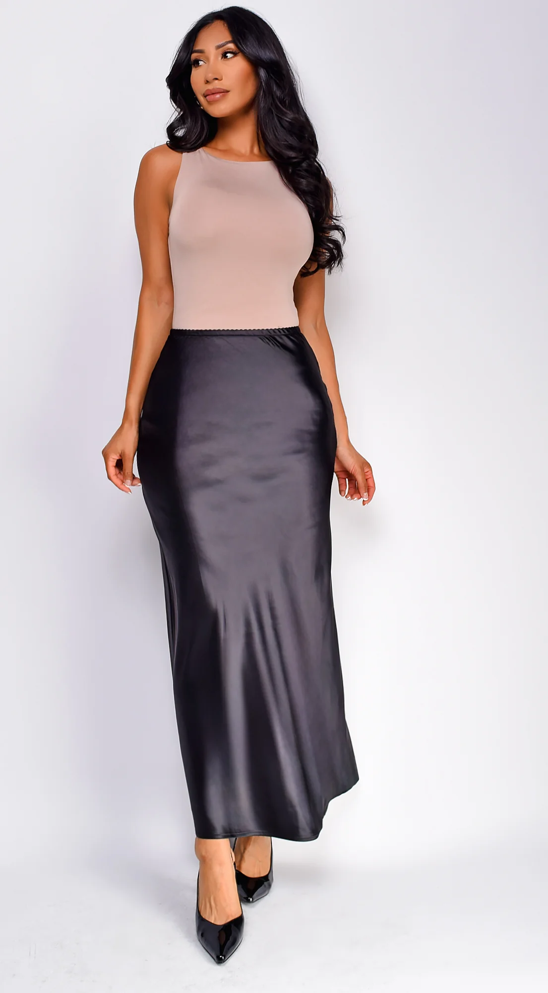 Ophelia Satin Slip Midi Skirt - Black - Image 3