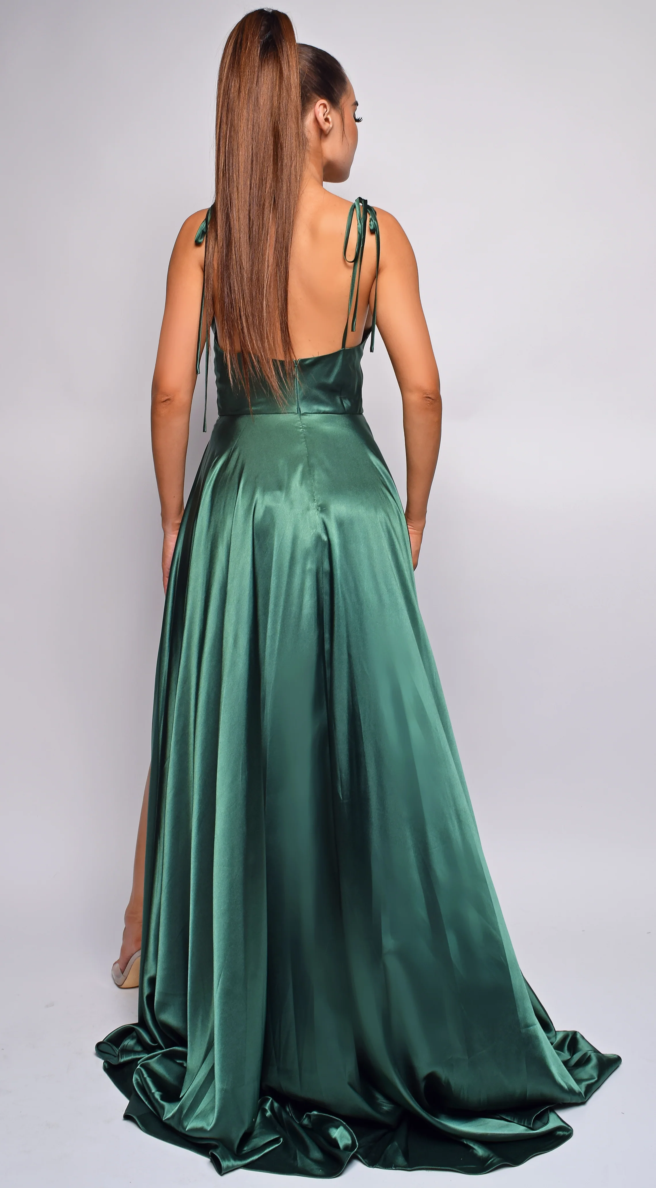 Penelope Green Emerald Drape Neck Slit Satin Gown - Image 2