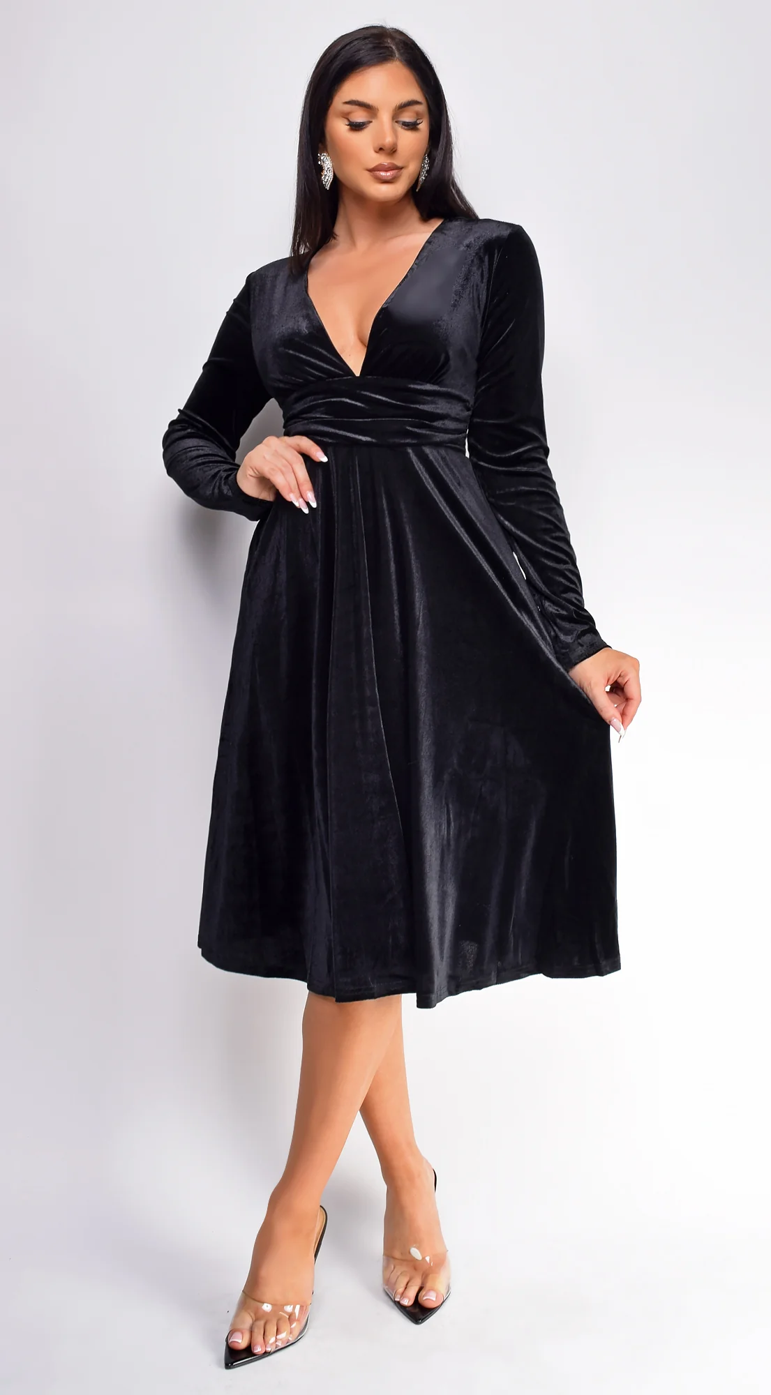 Peony Black V Neck Velvet Midi Dress - Image 3