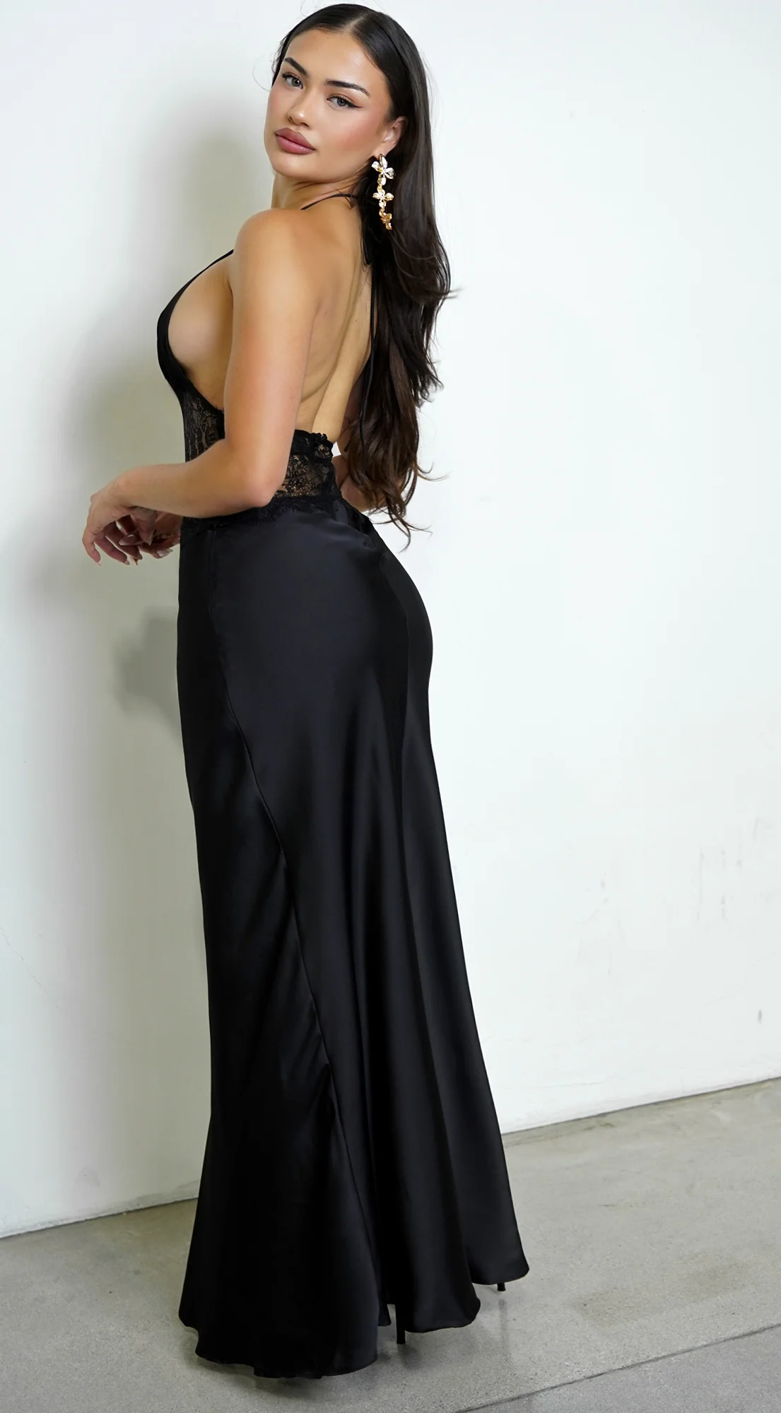 Ravena Lace Satin Detail Halter Maxi Dress - Black - Image 3