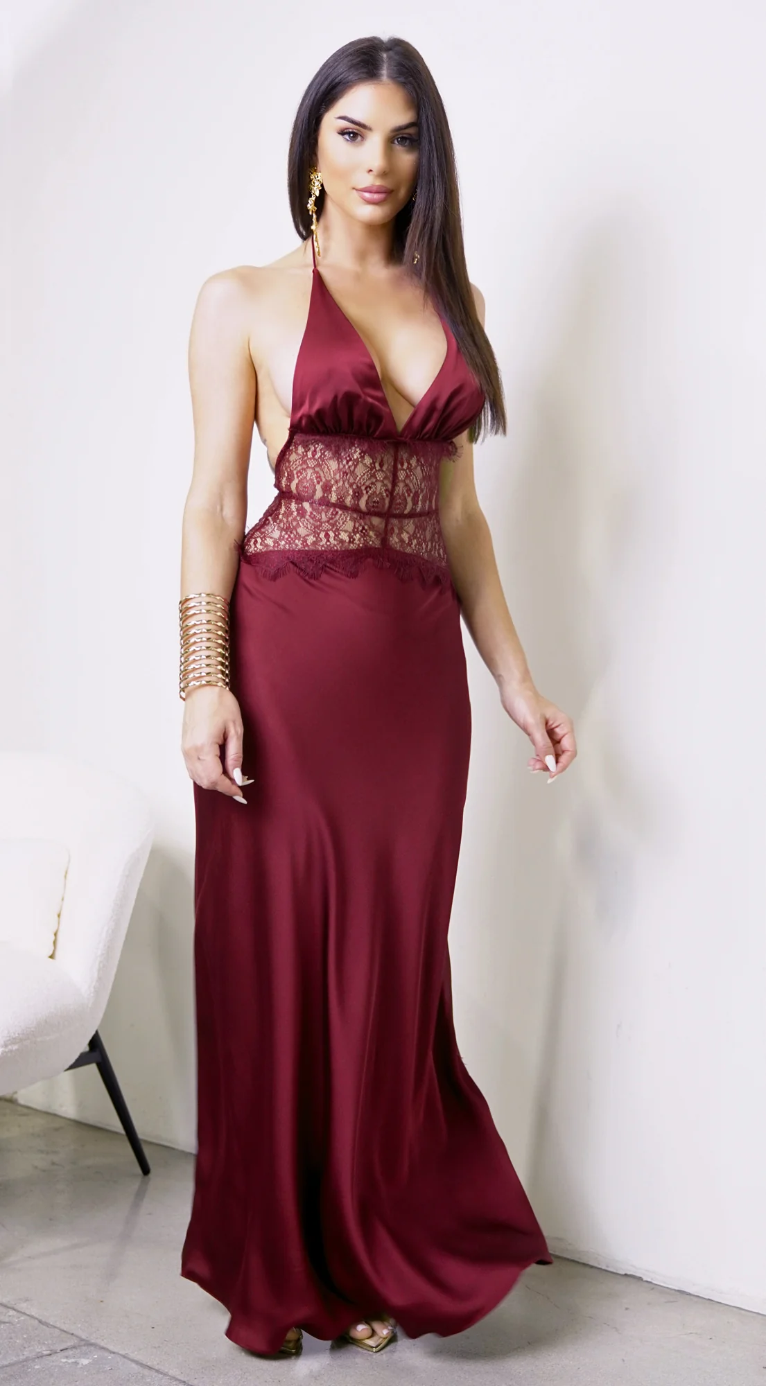 Ravena Lace Satin Detail Halter Maxi Dress - Red - Image 8