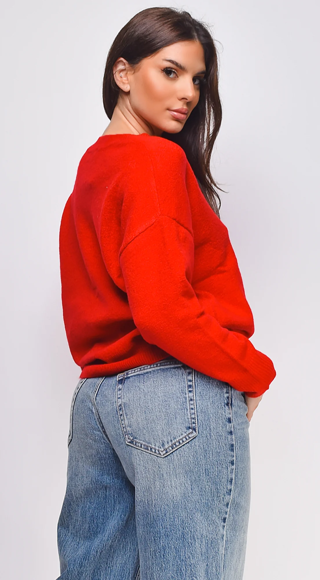 Remy V Neck Drop Shoulder Sweater Top - Red - Image 3