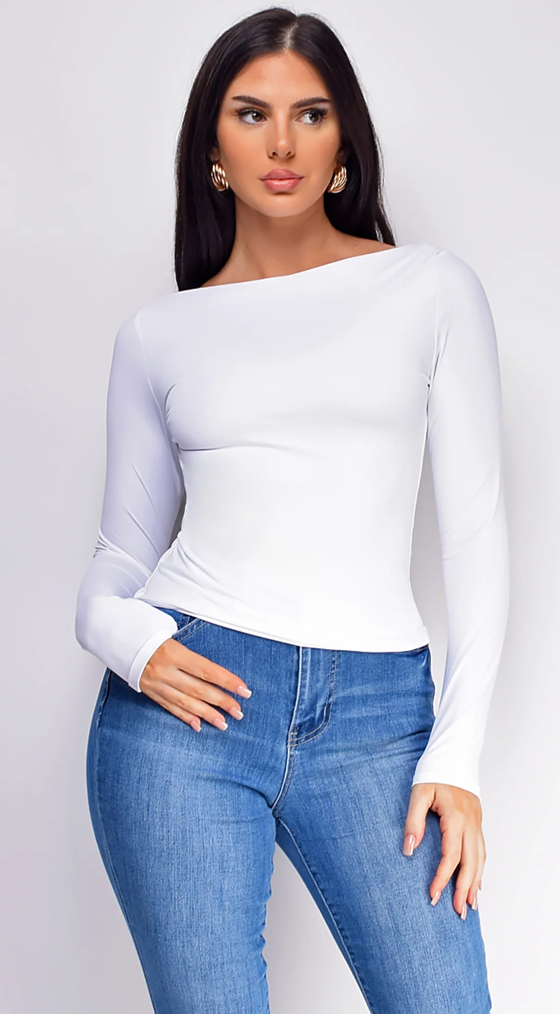 Rhylie Basic Boat Neck Long Sleeve Top - White - Image 2