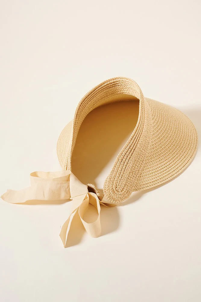 Seaside Straw Ribbon Visor Hat - Beige - Image 6
