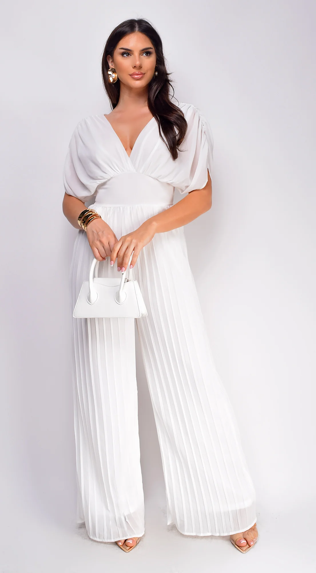 Selene V Neck Pleated Jumpsuit - White - Image 2