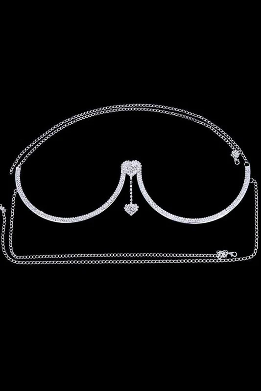 Sensual Glimmer Dangle Heart Bra Chain - Silver - Image 3