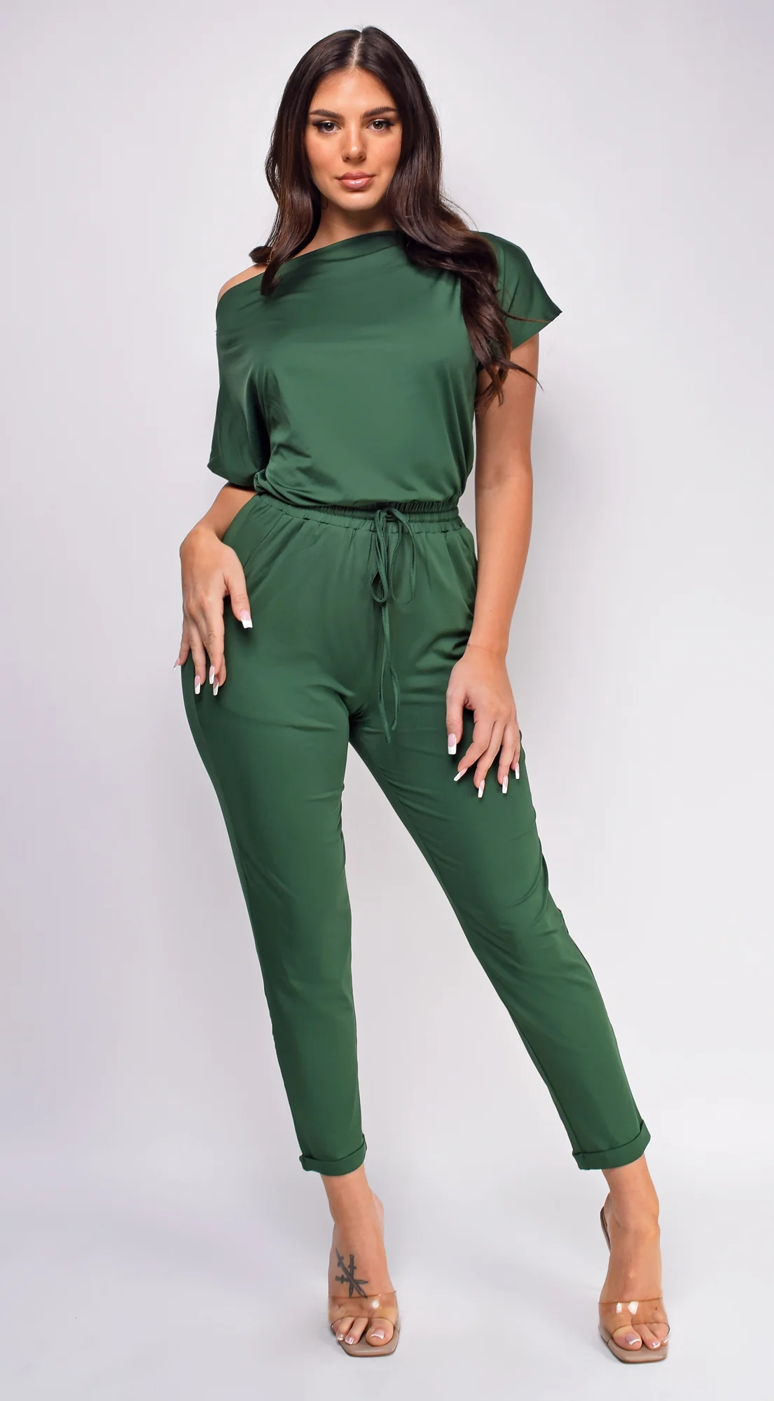 Sera Hunter Green Off Shoulder Jumpsuit - Image 4
