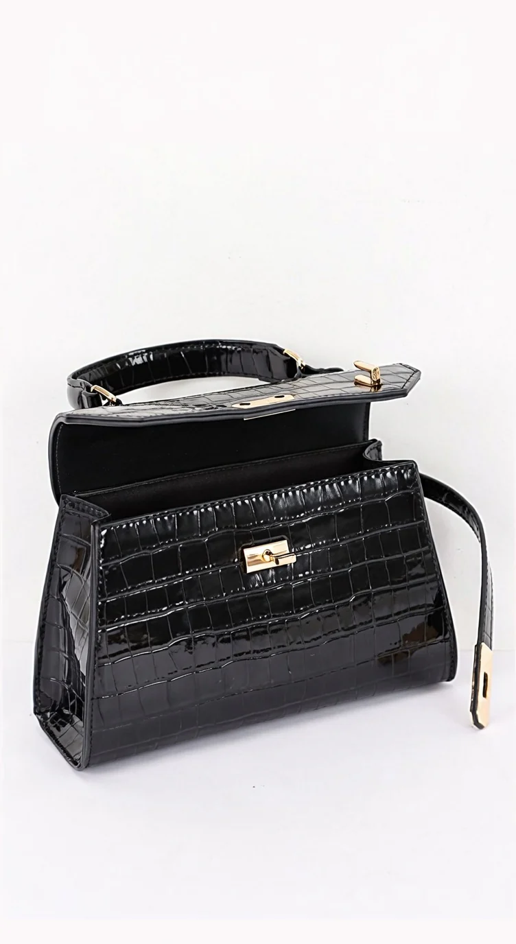 Siena Vegan Leather Top Handle Shoulder Bag - Black - Image 5