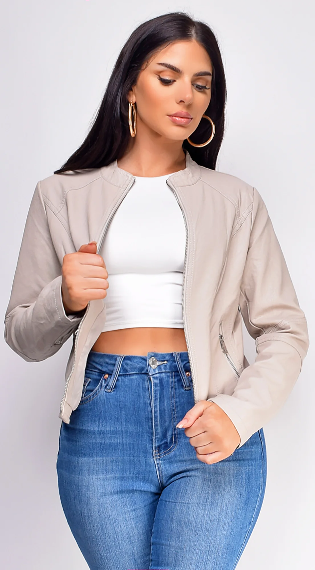 Sona Beige Classic Faux Leather Jacket - Image 4