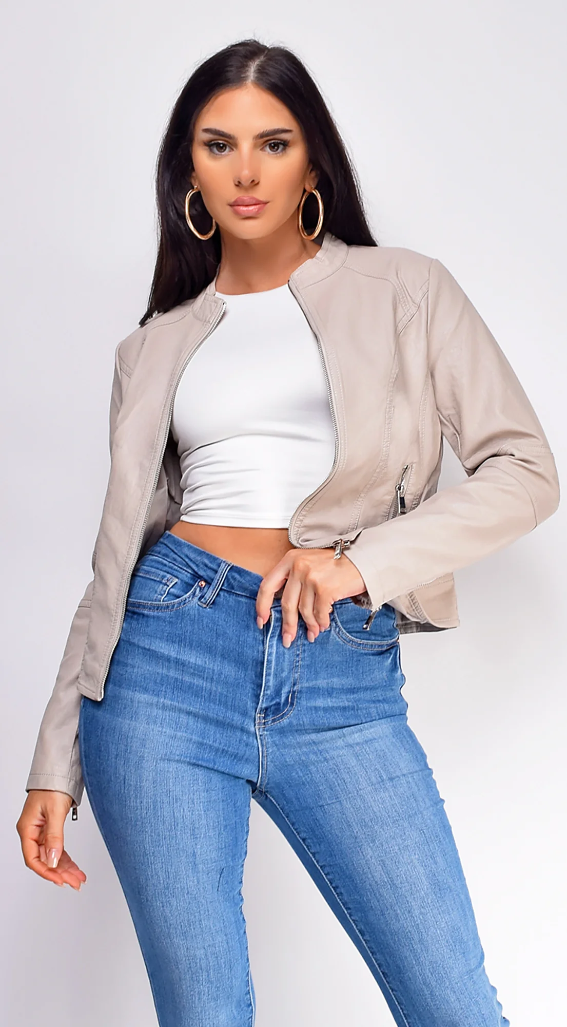 Sona Beige Classic Faux Leather Jacket - Image 5