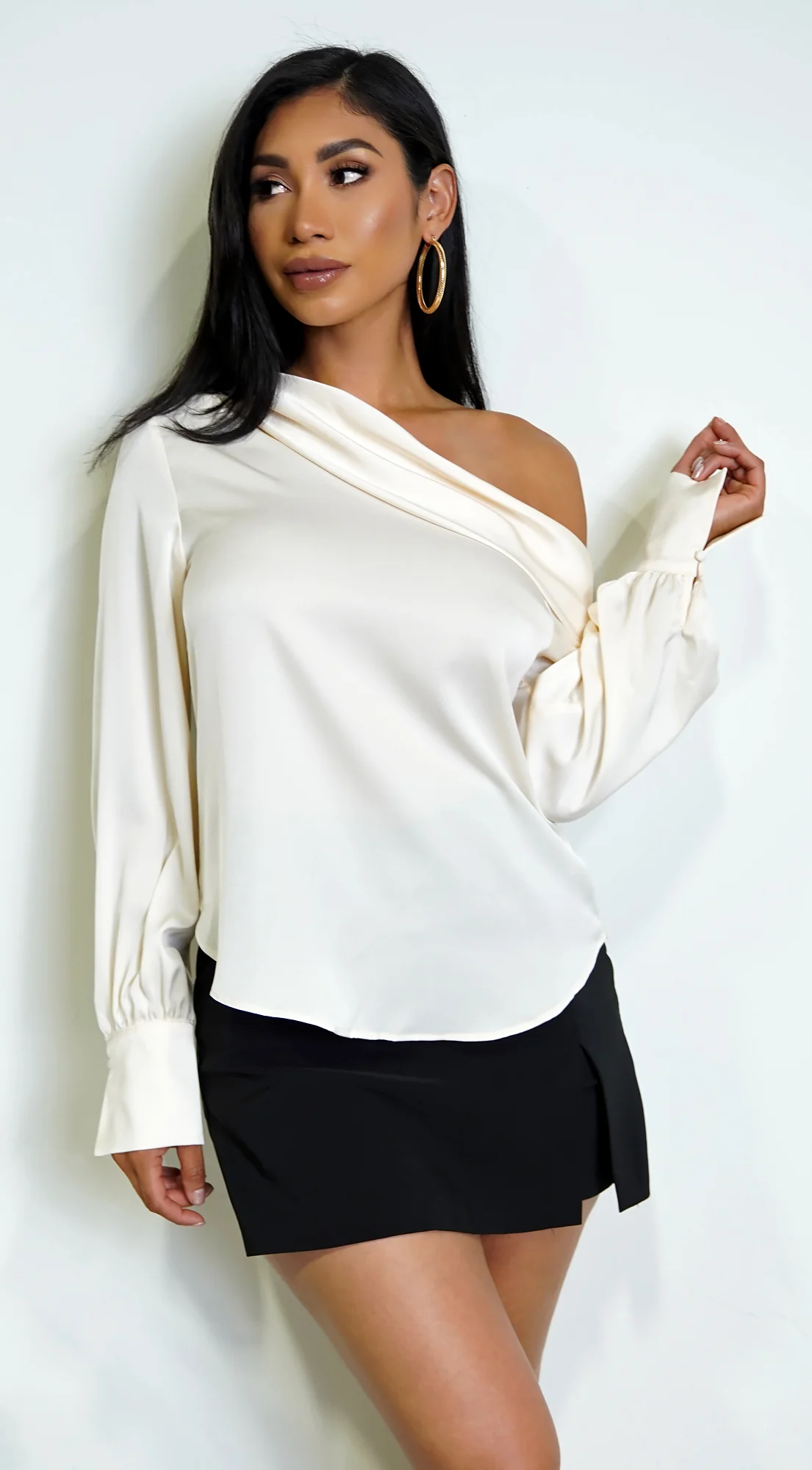 Taylor One Shoulder Satin Top - Cream - Image 2