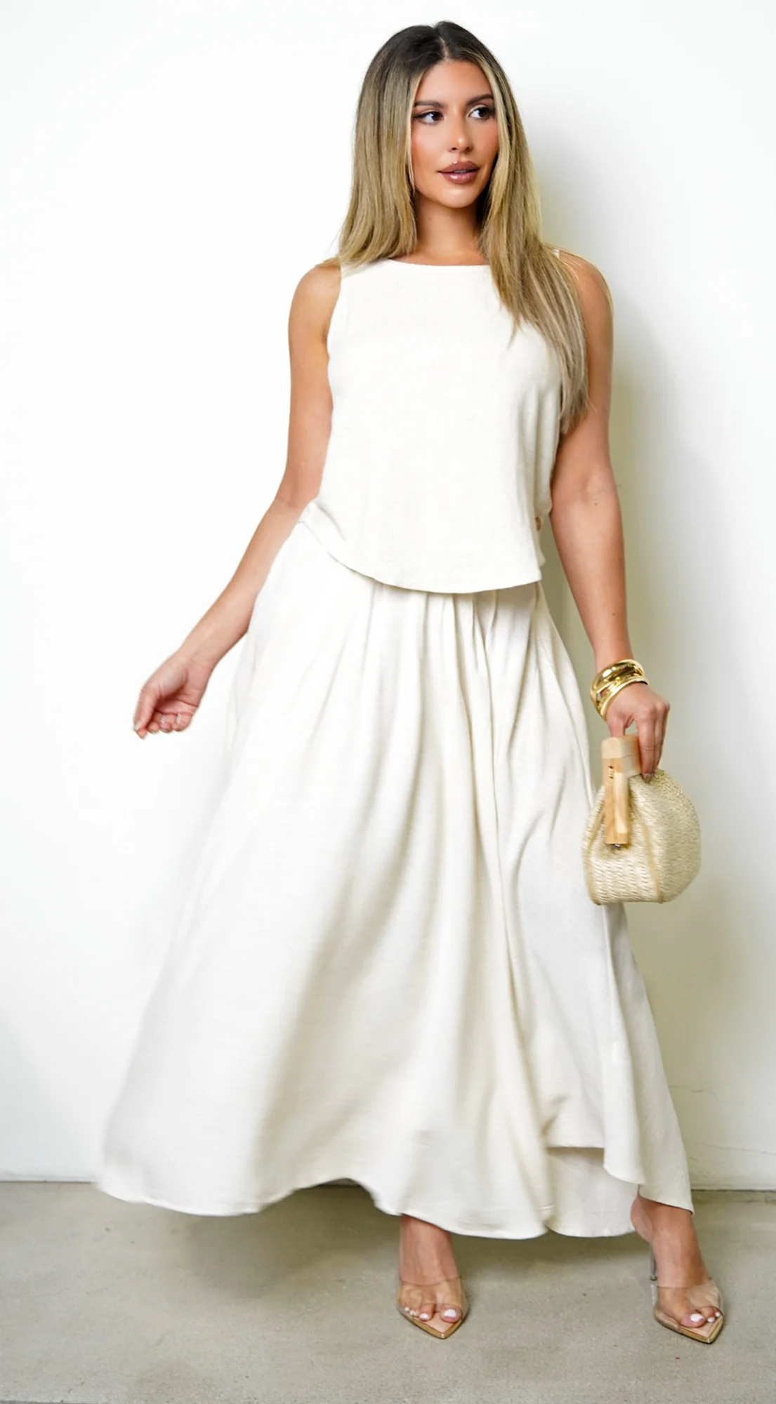 Vea Pleated Linen Skirt Set - Beige - Image 2