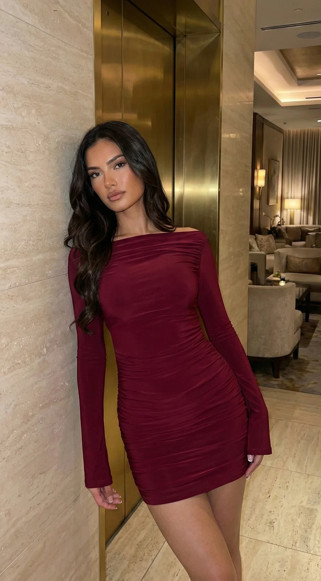 Viona Long Sleeve Mini Dress - Burgundy Red - Image 5