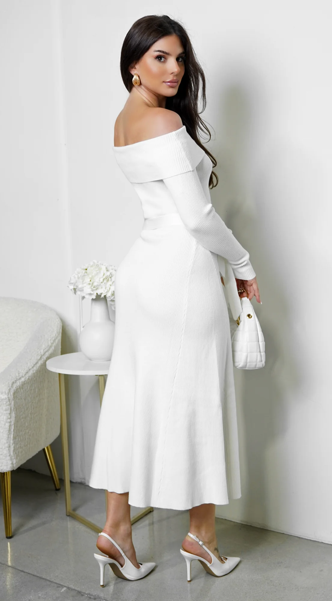 Zoya Off Shoulder Ribbed Midi Dress - Ivory - Image 4